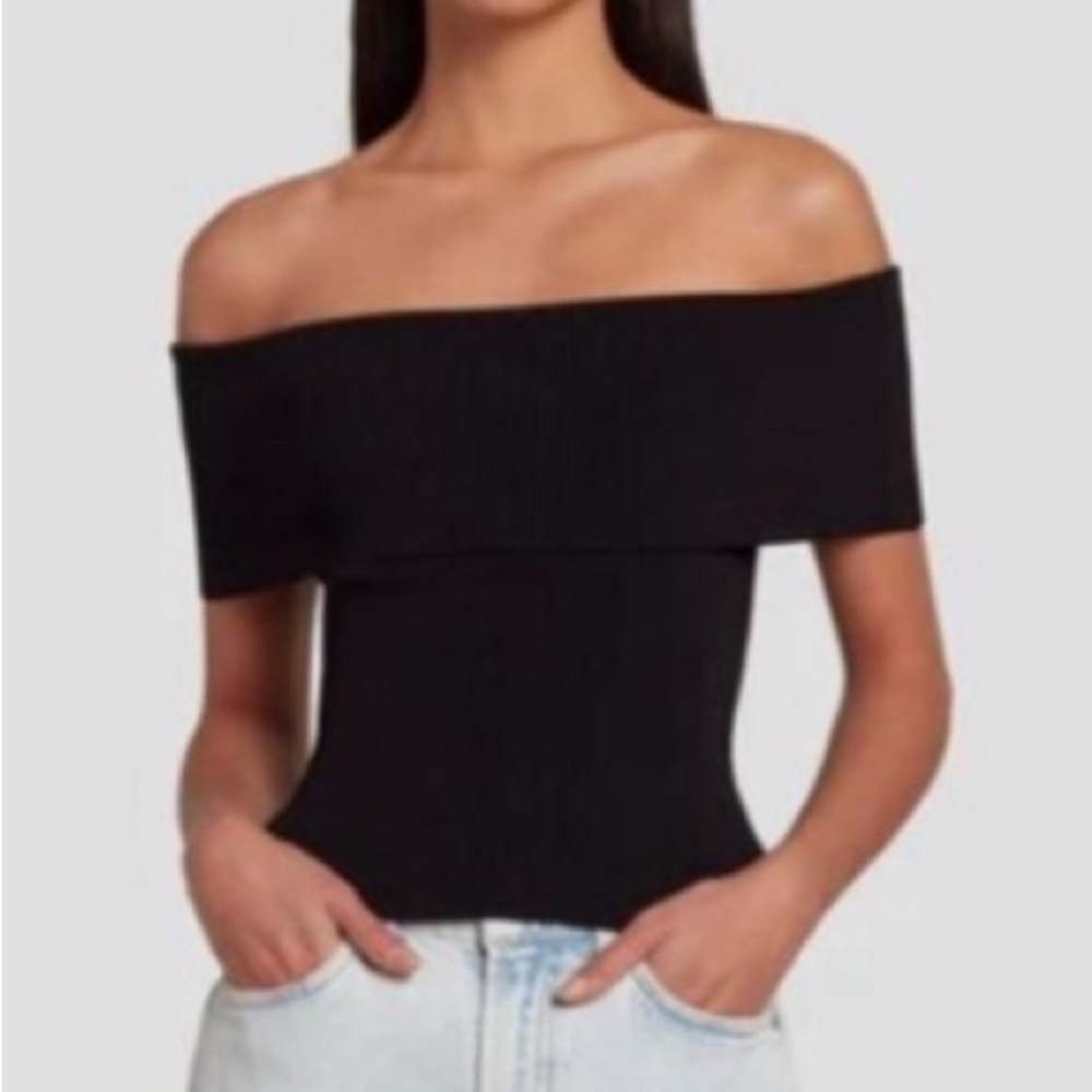 7 For All Mankind Women’s Black Off the Shoulder Ribbed Top